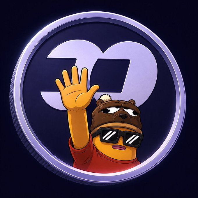 A circular digital artwork featuring a cartoon character with an orange hand raised, wearing sunglasses and a bear hat, against a purple background.