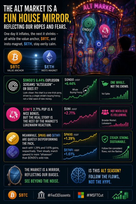 An infographic titled 'THE ALT MARKET IS A FUN HOUSE MIRROR' features crypto tickers $BTC, $ETH, $ONDO, $UNI, $SPAXG, and $ETHFI with market commentary about alt season.
