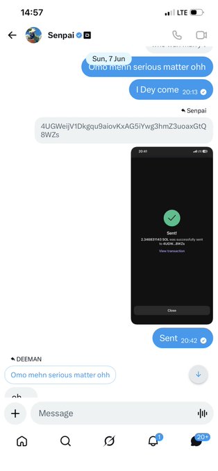 The image shows an Instagram DM conversation with "Senpai" (with a blue verified checkmark) dated Sunday, 7 June at 20:13, where the user sends "Omo mehn serious matter ohh" and "I Dey come," followed by a transaction ID "4UGWeiJV1Dkqgu9aiovKxAG5iYWg3hmZ3uoaxGtQ8W2s" and a screenshot confirming a successful 2.2485 USDT transfer to "BCN...BNXa," which supports the post's claim of having paid $150 for a promotion deal that went unfulfilled.