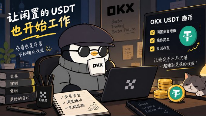 A friendly cartoon character wearing an OKX cap works at a laptop beside stacks of coins and a sleeping cat, with Chinese text promoting OKX's USDT Earn feature ("OKX USDT 赚币"), highlighting benefits like idle fund appreciation, simple operation, and flexible withdrawals. The image visually reinforces the post's theme of putting idle USDT to work through OKX Wallet's earn feature rather than letting it remain unused.