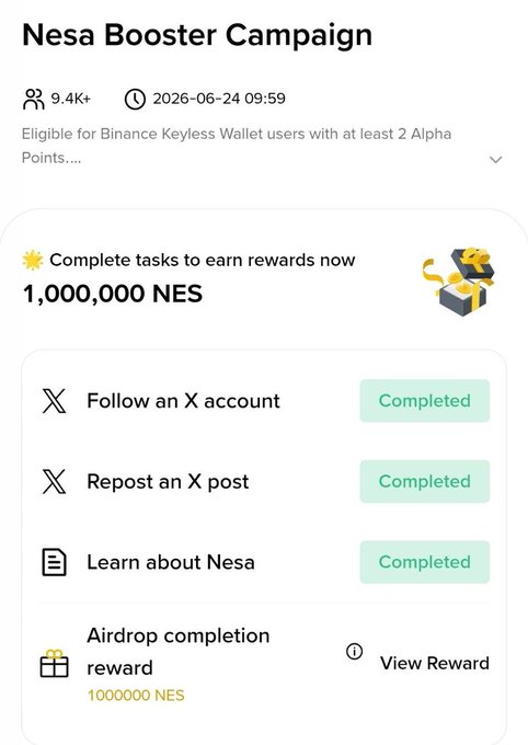 The image shows a phone screen displaying information about a Nesa Booster Campaign. The campaign appears to be live, as indicated by the text "Live For 50K Alpha User Need Only 2 Alpha Points for eligible Quiz answer :- A C B C Lets goo joined this campaign guys". The campaign is focused on rewarding users with 100,000 NES points if they complete a survey or answer a question correctly. The user's name and email address are also visible in the image.