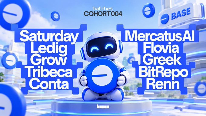 A promotional graphic for 'batches COHORT004' features a smiling robot mascot surrounded by puzzle pieces listing project names including 'Saturday', 'Ledig', 'Grow', 'Tribeca', 'Conta', 'MercatusAI', 'Flovia', 'Greek', 'BitRepo', and 'Renn', with a 'BASE' logo in the corner.