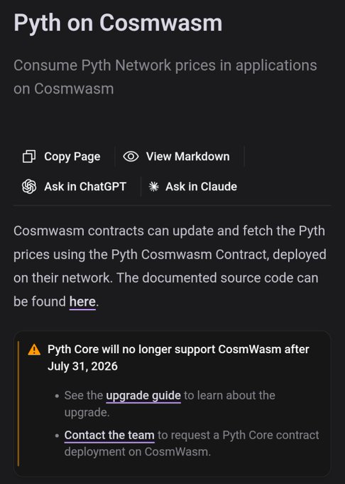 The image is a documentation page titled "Pyth on Cosmwasm," announcing that "Pyth Core will no longer support CosmWasm after July 31, 2026," directly illustrating the post's concern about Pyth abandoning Cosmos and leaving dependent projects like Osmosis and Injective searching for alternatives.