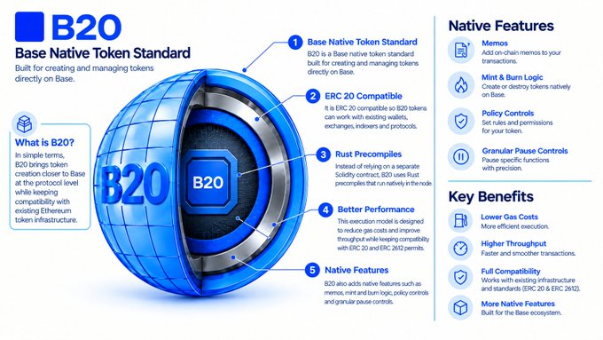 An infographic for the 'B20' Base Native Token Standard built on Base, highlighting its native features, key benefits, and ERC 20 compatibility with numbered callouts.