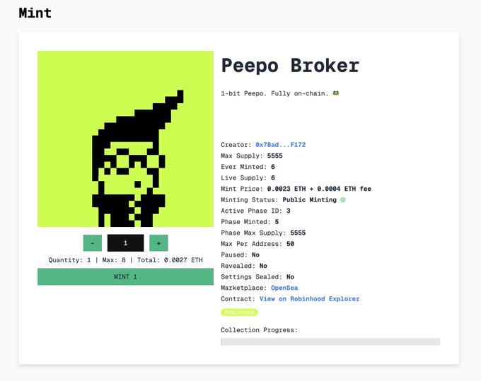 A mint page for the 'Peepo Broker' 1-bit NFT collection, showing a black-and-white character with glasses on a neon green background, with details including a Max Supply of 5555 and a mint price of 0.0023 ETH plus gas fee.