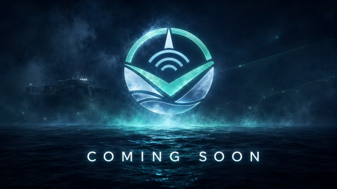 A 'Coming Soon' teaser image featuring a glowing teal and white circular logo with signal waves over a dark ocean scene.
