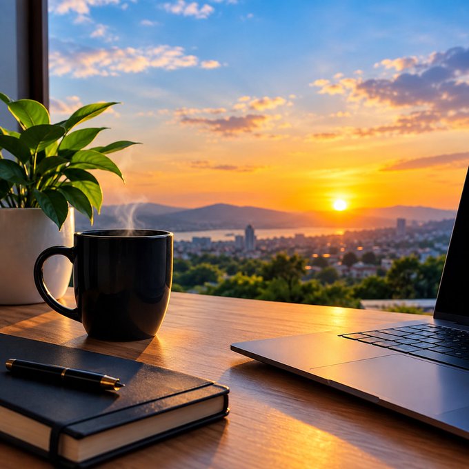 A serene scene of a black coffee mug, a notebook, and a laptop on a wooden desk with a beautiful sunset view of a city and water in the background.