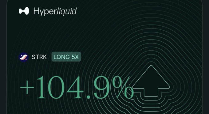 A Hyperliquid trading interface displaying a position for STRK with a LONG 5X leverage and an unrealized PnL of +104.9%.