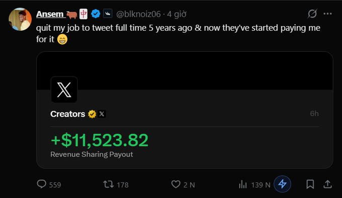 A tweet by Ansem (@blknoiz06) stating 'quit my job to tweet full time 5 years ago & now they've started paying me for it,' showing a screenshot of a $11,523.82 Revenue Sharing Payout from X Creators.