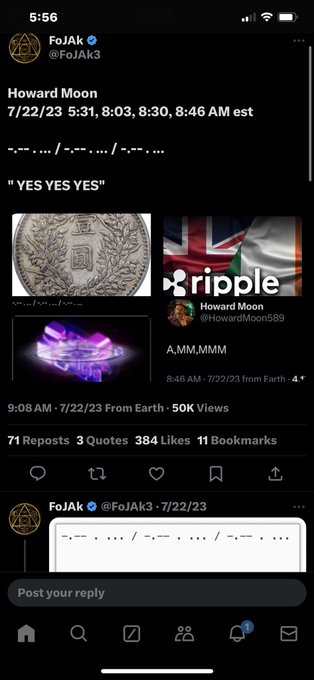 Tweet from "FoJAK" (@FoJAK3) titled "Howard Moon" listing times 5:31, 8:03, 8:30, 8:46 AM est, with "YES YES YES" and images of a coin, Ripple logo, and a crystal, posted 7/22/23 with 50K views.