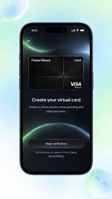 A smartphone screen mockup displaying a 'Pulsar Money Debit VISA Platinum' virtual card interface, with the prompt 'Create your virtual card' and a 'Begin verification' button against a gradient background.