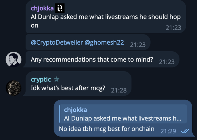 The image shows a Discord conversation where chjokka mentions Al Dunlap asking for livestream recommendations, tagging @CryptoDetweiler and @ghomesh22, with another user cryptpic noting uncertainty about what's best after mcg. This relates to the accompanying post, which argues that mcglive is the premier platform for onchain traders seeking utility project visibility, having been built throughout the bearmarket by users like @DineroDom0, @ChillTRD, and @mynt_josh.