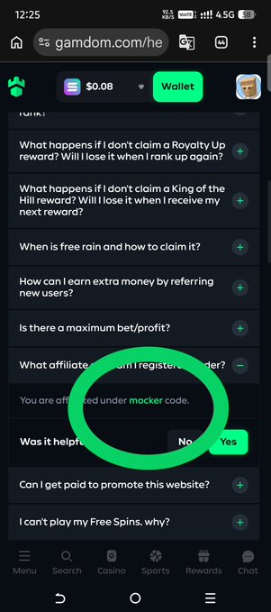 A mobile screenshot of gamdom.com's FAQ section with a bright green circle highlighting the text 'You are affiliated under mocker code.'