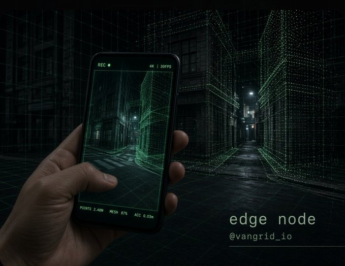 A hand holds a smartphone displaying a recording interface ('4K | 30FPS') over a dark cityscape rendered in green dot-matrix style, with branding text at the bottom right reading 'edge node @vangrid_io'.