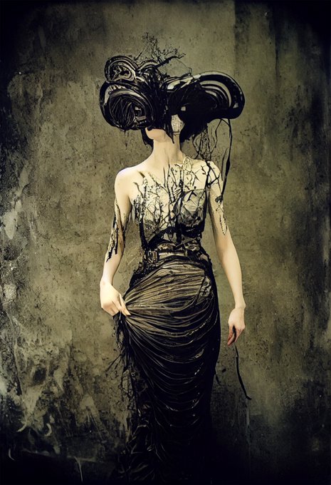 A woman wears an elaborate black dress and dramatic headdress featuring twisted sculptural elements and netting, posed against a textured wall.