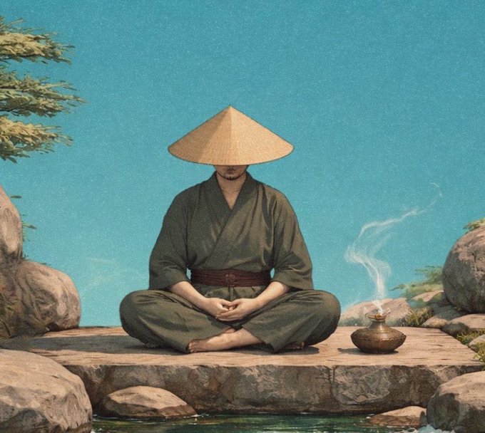 A serene illustration depicts a robed figure in a wide-brimmed conical hat meditating cross-legged on a stone platform, with an incense burner releasing curling smoke beside them, evoking zen-like tranquility. The image likely serves as a spiritual, inviting visual to attract participants to a Solana (SOL) giveaway promotion.