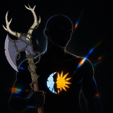 A dark silhouette of a figure holding an ornate axe with antler-like handles and a blade, with a circular sun-and-moon emblem on its chest against a black background with rainbow light flares.