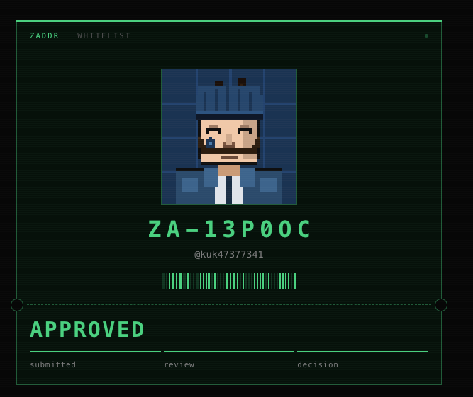 A digital ID card displays a pixel art character with the ID 'ZA-13P00C', username '@kuk4737341', and an 'APPROVED' status under the heading 'ZADOR WHITELIST'.