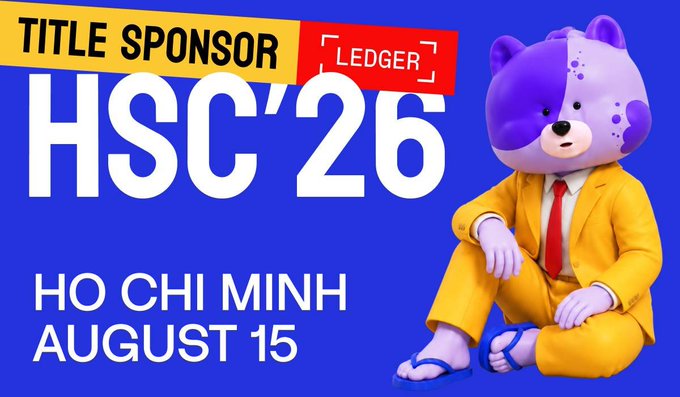 A blue event poster for 'HSC'26' with 'LEDGER' as the title sponsor, advertising 'HO CHI MINH AUGUST 15' and featuring a 3D-rendered bear character in a yellow suit.
