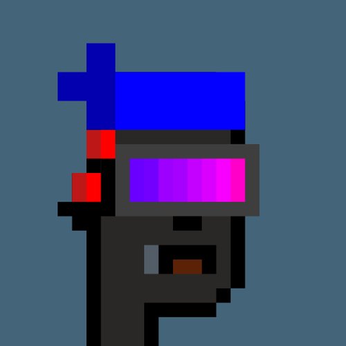 A pixel art character with blue hair and a dark red/blue visor, set against a grayish-blue background.