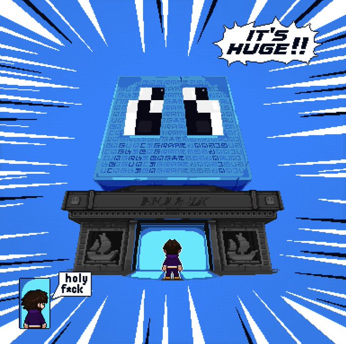The image features a large blue cube with two eyes and a mouth, surrounded by a black border. The cube appears to be floating or hovering above a building, giving an impression of being in mid-air. Below the cube, there's a smaller figure of a person standing on a platform, facing away from the viewer. Above them, there are lines of text that read "It's Huge! Holy Fack!".