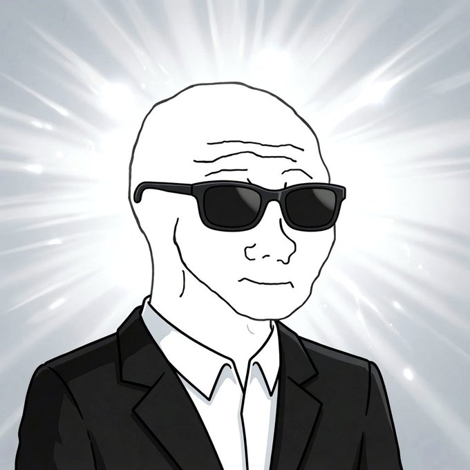 A cartoon illustration of a bald, wrinkled man wearing black sunglasses and a dark suit, rendered against a dramatic white light burst background.