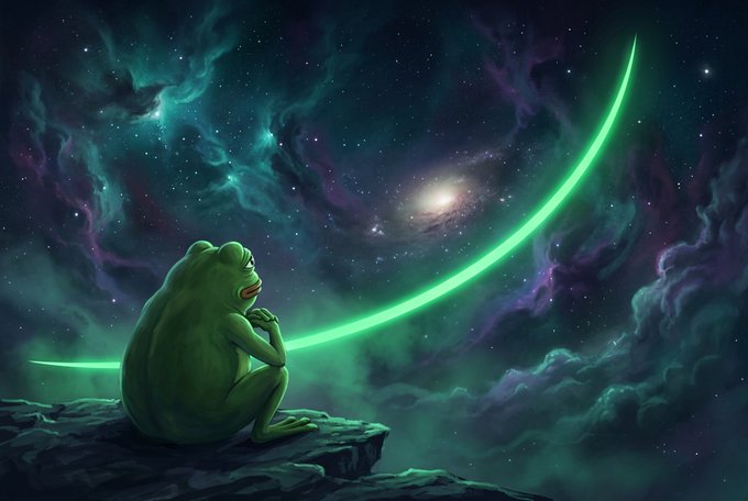 A digital artwork showing Kermit the Frog sitting on a rocky ledge, gazing contemplatively at a swirling cosmic galaxy with stars and nebulae, while a glowing green comet-like streak arcs across the starry sky.