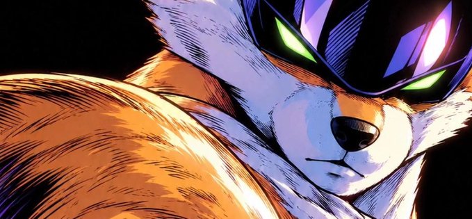 An anime-style illustration of an anthropomorphic fox or wolf character wearing purple and black armor with glowing green eyes.