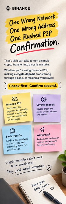 This Binance infographic titled "One Wrong Network. One Wrong Address. One Rushed P2P Confirmation" highlights four transaction safety tips—verifying Binance P2P payment receipt, double-checking crypto deposit wallets, confirming bank transfer details, and rechecking withdrawal information—reinforcing the post's message that moving money on a crypto exchange requires careful attention to the different deposit and withdrawal methods available.