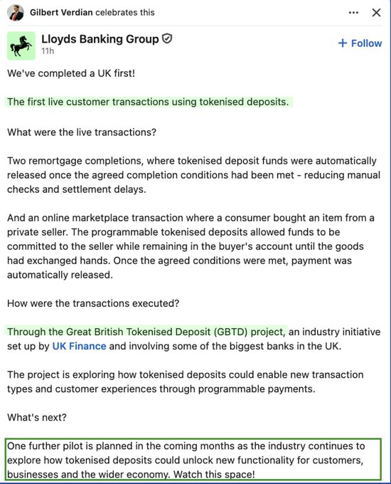 A LinkedIn-style post from Lloyds Banking Group announcing the completion of the UK's first live customer transactions using tokenised deposits through the Great British Tokenised Deposit (GBTD) project by UK Finance, with a further pilot planned.