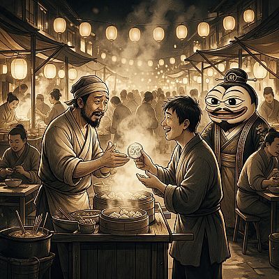 An illustrated Asian street food market scene at night, illuminated by hanging paper lanterns, featuring vendors serving steaming bowls of dumplings and other dishes to smiling customers.