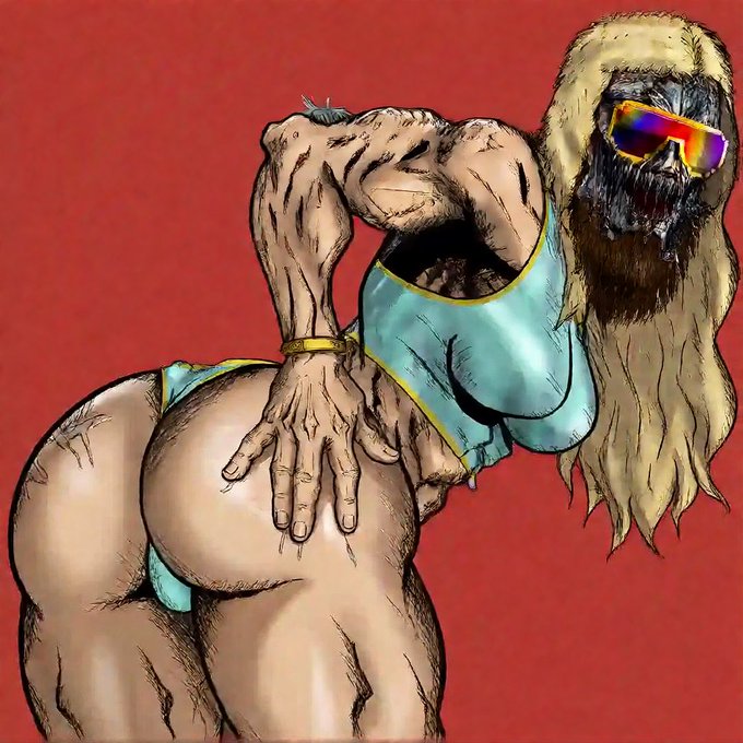 A stylized illustration depicts a grotesque cyborg figure with a long blonde wig, a metallic jaw, and futuristic wraparound sunglasses, posing in a teal top against a red background. The edgy, "Bitcoin Cyborg" NFT art style aligns with the post's tongue-in-cheek introduction of the character as the "first trans Bitcoin Cyborg," using exaggerated hyper-masculine and hyper-feminine features for satirical effect.
