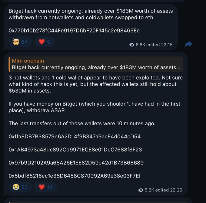 A screenshot of two Discord messages by "Mlm onchain" reporting an ongoing Bitget hack with over $183M in assets already withdrawn from 3 hot wallets and 1 cold wallet, listing the four affected wallet addresses and advising users to withdraw funds immediately.
