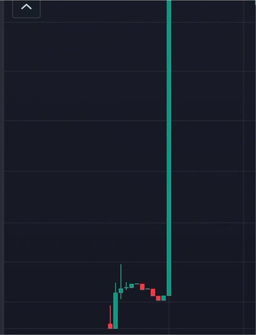 A candlestick chart shows a brief period of low price activity followed by a massive vertical green candle shooting up to the top of the chart, implying an explosive price breakout. This dramatic pump visualizes the post's question about which meme coin is on the verge of a 1000x rally, though no specific ticker or name is visible to identify the asset.