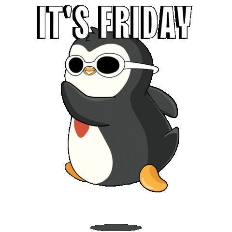 A cartoon penguin wearing white sunglasses with the bold text 'IT'S FRIDAY' displayed at the top.