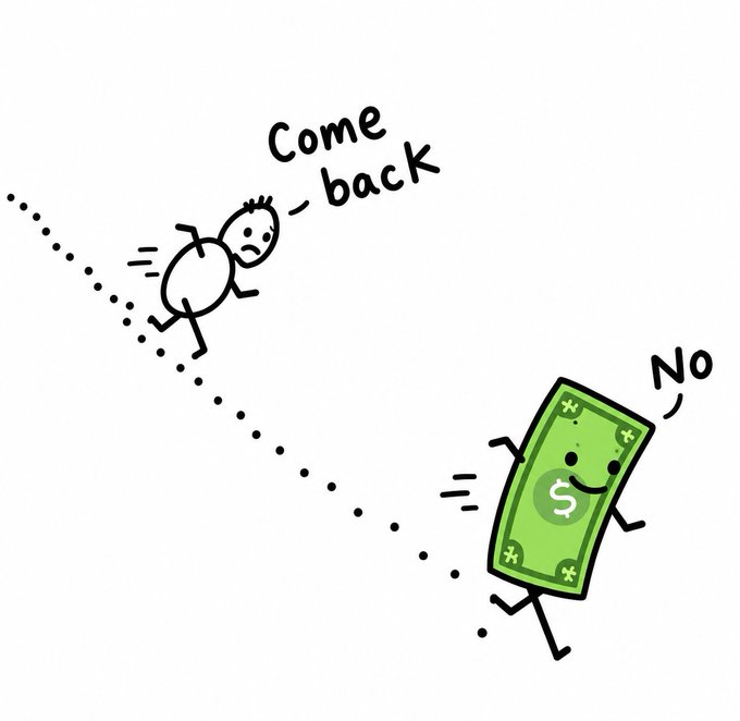 A cartoon illustration showing a stick figure character labeled 'Come back' chasing after an animated dollar bill labeled 'No' that is running away.