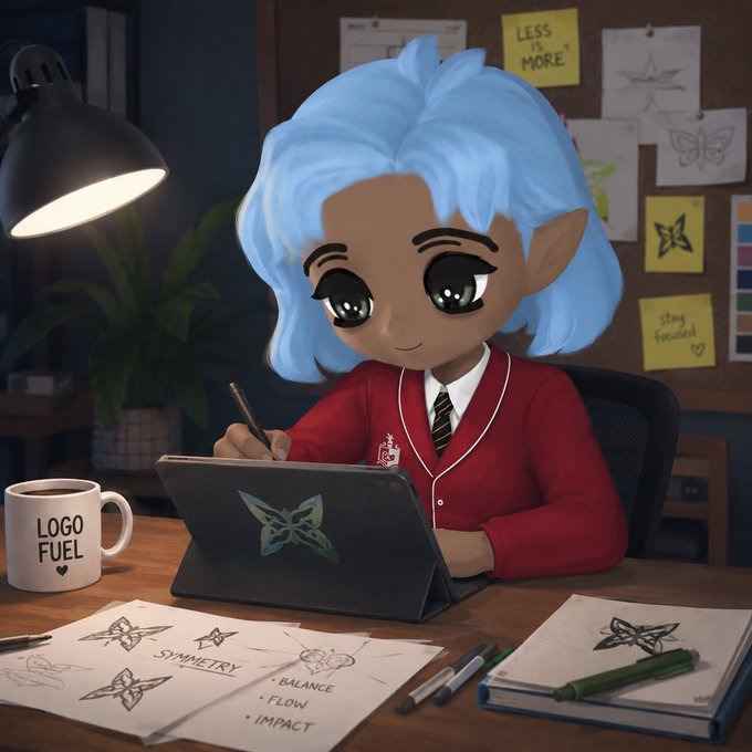 The image features a cartoon girl sitting at a desk with a laptop computer open in front of her. She appears to be working or studying, as there are several books and papers scattered around the workspace. The scene also includes a potted plant nearby and a cup on the desk. The image is related to the post about building a blockchain powered by Proof of Useful Work (PoU), which discusses the concept of using computing resources for solving real-world problems instead of wasting energy on hash mining.