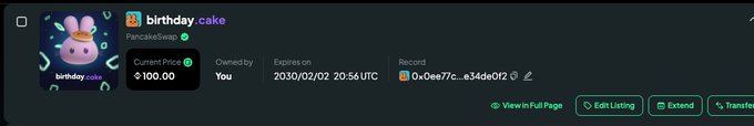 A digital asset listing for 'birthday.cake' (PancakeSwap) showing a current price of $109.00, owned by 'You', expiring on 2030/02/02 20:56 UTC.