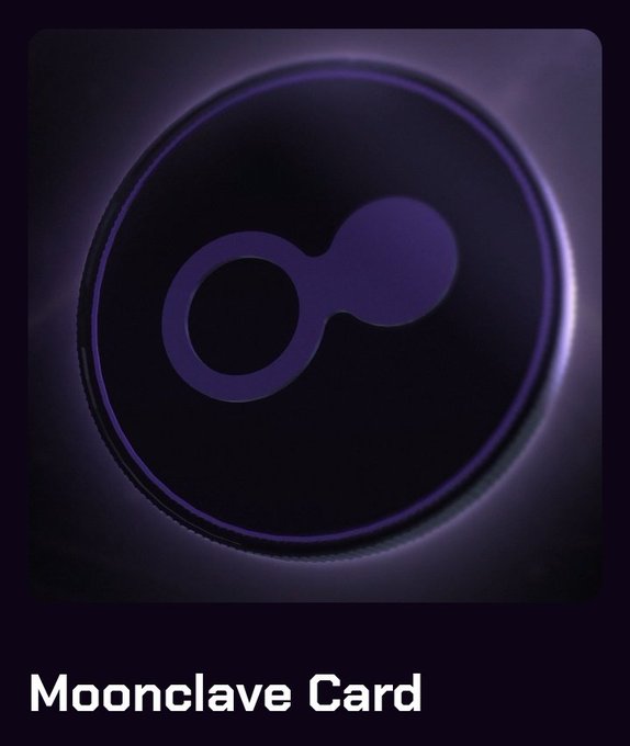 A dark purple digital illustration of the 'Moonclave Card,' featuring a minimalist circular logo design with a glowing aura effect.