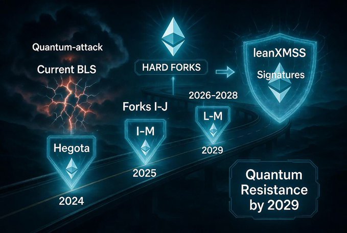 A roadmap graphic illustrates Ethereum's timeline for transitioning from current BLS signatures—vulnerable to quantum attacks—through hard forks in 2025 (Forks I–M), 2026–2028 (L–M), and 2029 (L–M) to achieve full quantum resistance via leanXMSS signatures, complementing the proposed post-quantum deposit contract designed to safeguard the network against future cryptographic threats.