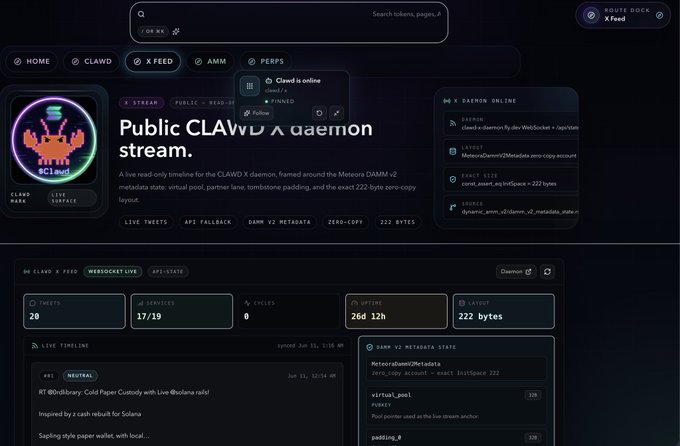 A dark-themed dashboard showing a 'Public CLAW x daemon stream' page with navigation tabs (HOME, CLAWD, X FEED, AMM, PERPS), tweet metrics (20 tweets, 17/19 services), uptime (26d 12h), and a timeline featuring posts about '@OrdinalArmy', 'ColoPaper', 'Solana refill', and 'Solana style paper wallet'.