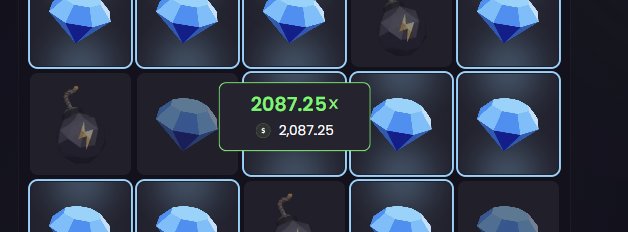 Casino-style gambling game screen showing a 2087.25x multiplier win of $2,087.25 displayed over a grid of diamond and bomb symbols.