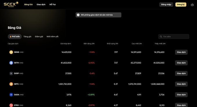 Screenshot of the SCCX Vietnam crypto exchange showing a price table (Bảng Giá) with cryptocurrency tickers including SEN8, SETH, S XRP, SBTC, SADA, and STRX priced in VND.