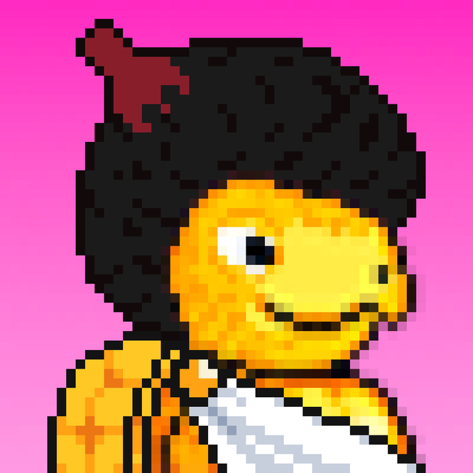 A pixel art illustration of a person with a yellow face, wearing a black afro, red headband, and orange jacket over a white shirt, set against a bright pink background.