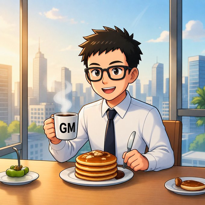 The image features a cartoon boy sitting at a table, wearing glasses and holding a coffee cup and a plate of pancakes. The background shows an urban cityscape with tall buildings, indicating that he might be in a city setting. There are also other objects on the table such as a fork and knife, suggesting that breakfast is being served. The post includes text that reads "Good Morning Everyone Can I get a GM? Let's start our work together. First connect with @Polymarket". This implies that the boy could be a character from a cartoon series or comic book, and he might be in a city setting where he has just finished breakfast before starting his day of work.