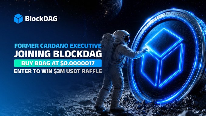 A promotional banner featuring an astronaut touching a glowing BlockDAG logo on a moon-like surface, with text announcing a former Cardano executive joining BlockDAG and promoting a $0.0000017 BDAG purchase with a chance to win $3M USDT raffle.