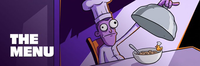 An animated chef character in a purple cartoon kitchen holds a silver cloche, with text reading 'THE MENU' on the left side.