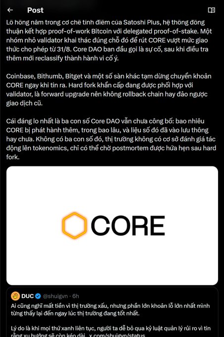 Screenshot of a Vietnamese social media post discussing the CORE DAO project, explaining its proof-of-work and delegated proof-of-stake mechanics, with the CORE logo and a quote from @shuigvn.