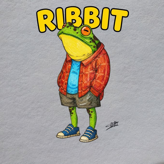 A cartoon frog wearing a red plaid jacket, blue shirt, shorts, and sneakers stands beneath the bold yellow text "RIBBIT," whimsically representing the $RIBBIT token to be featured on an upcoming Predictive Market Platform built using the @Polymarket algorithm by @HelloMoon_io.