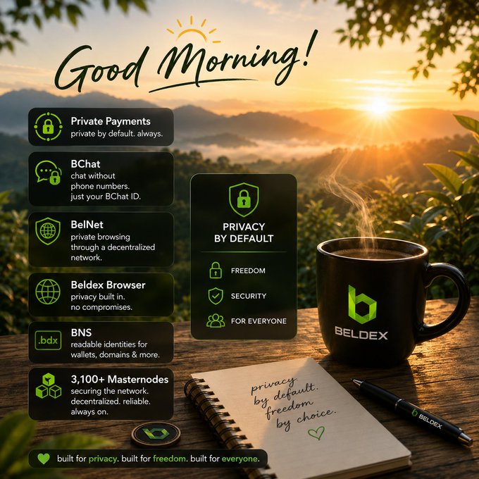 A promotional graphic for Beldex cryptocurrency features a black coffee mug with the Beldex logo, listing features like Private Payments, BChat, BelNet, and BNS, with "Good Morning!" written at the top.